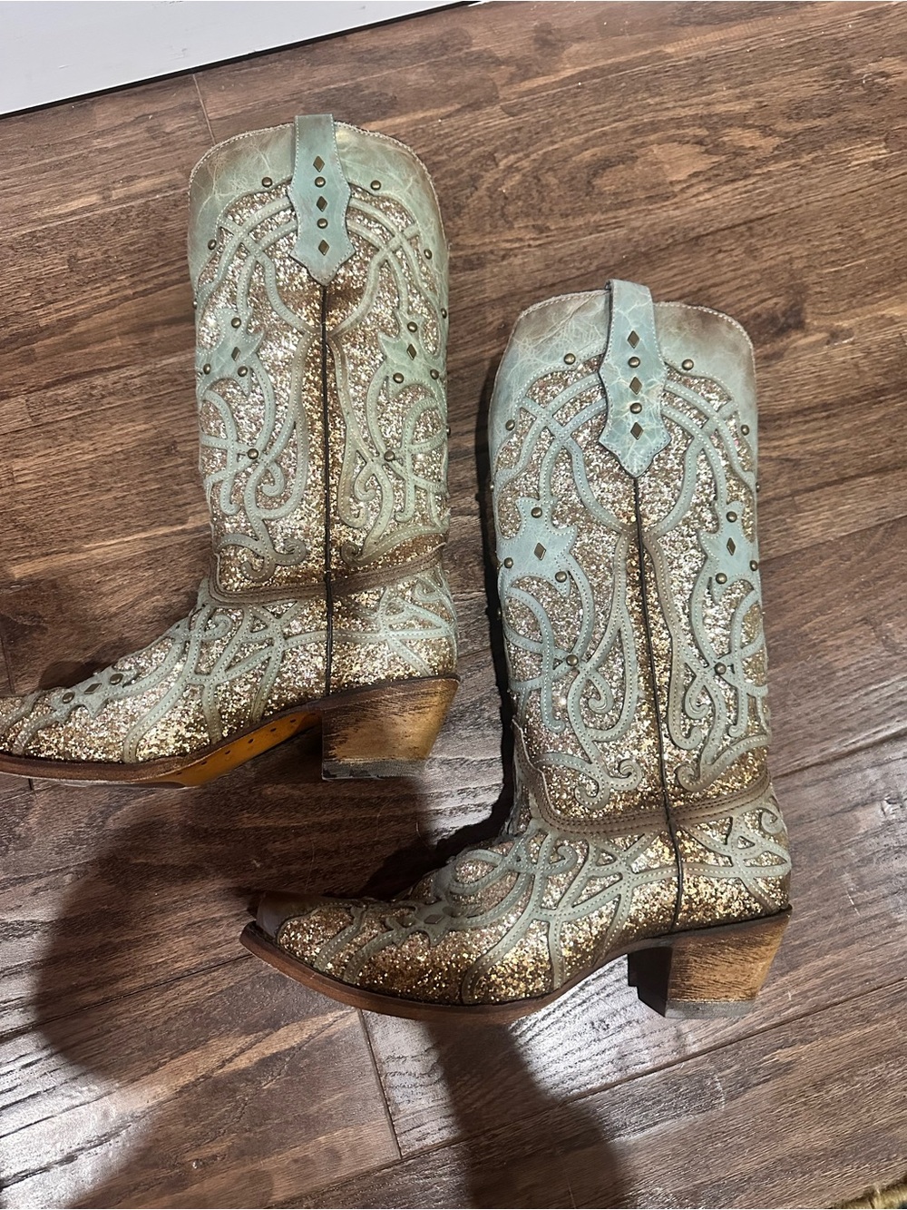 Corral Teal and Gold Glitter Embellished Western Boots - Picture 5 of 11